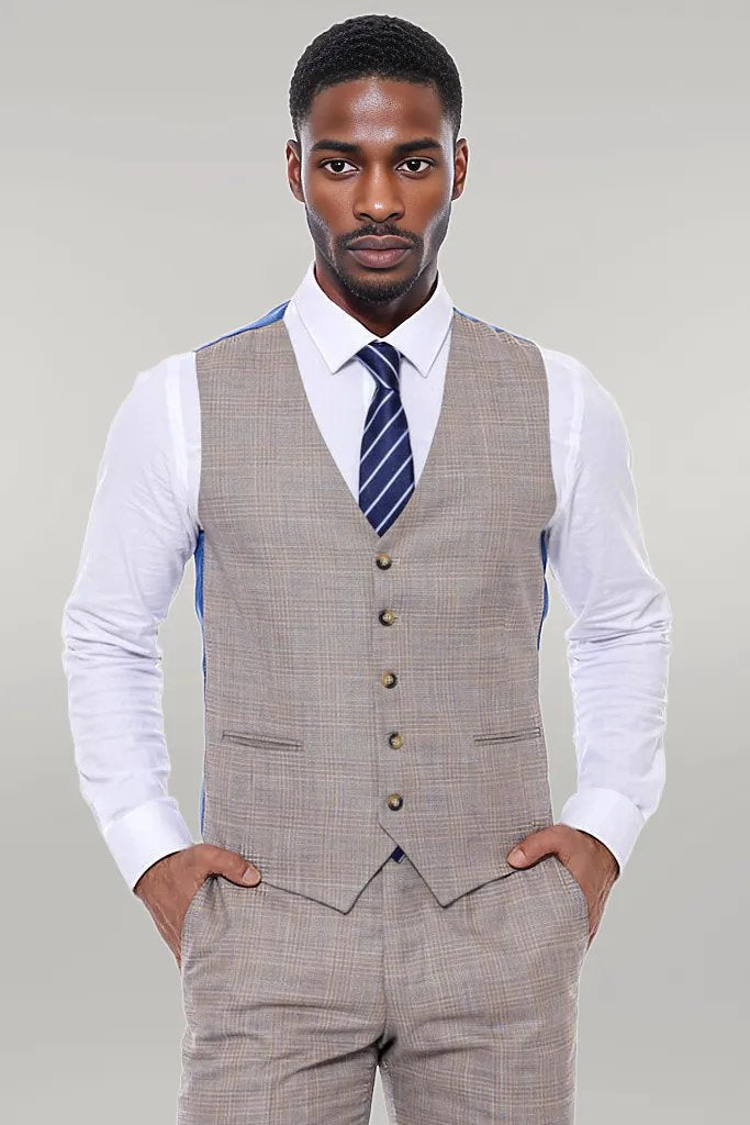 KOALA SYDNEY Patterned Vested Slim-Fit Beige Men’s Suit -