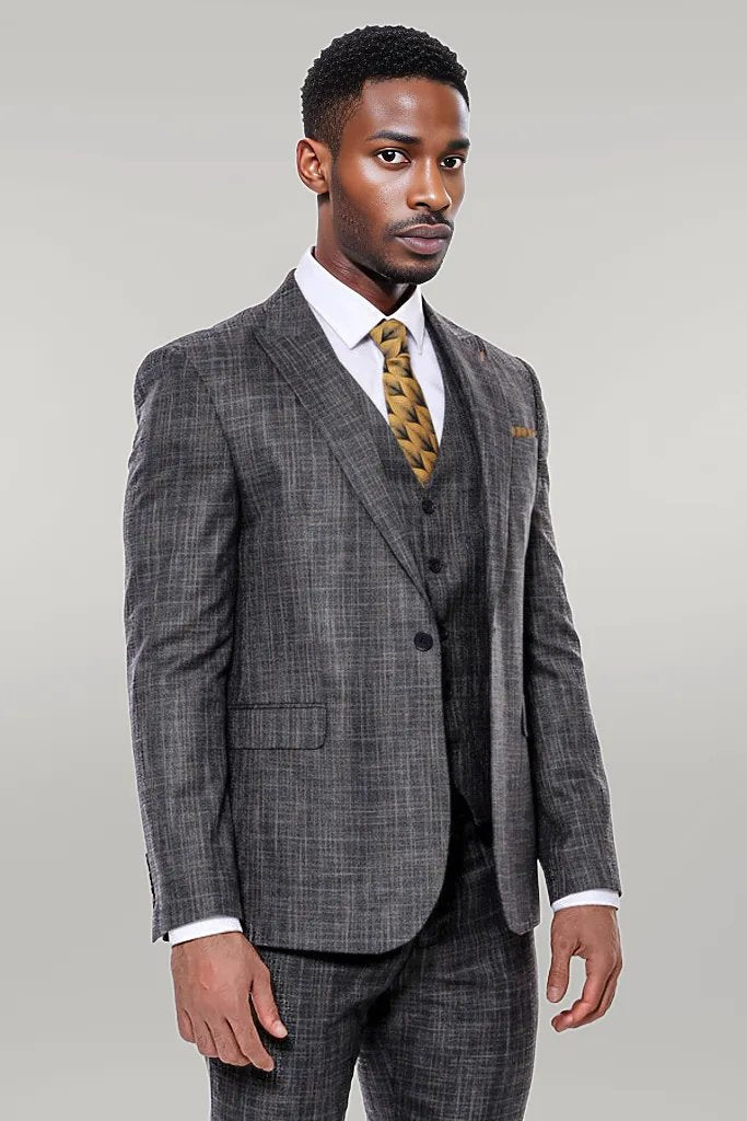 Patterned Vested Slim-Fit Black Men’s Suit -