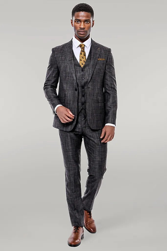 Patterned Vested Slim-Fit Black Men’s Suit -