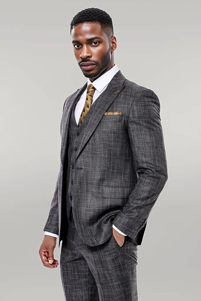 Patterned Vested Slim-Fit Black Men’s Suit -