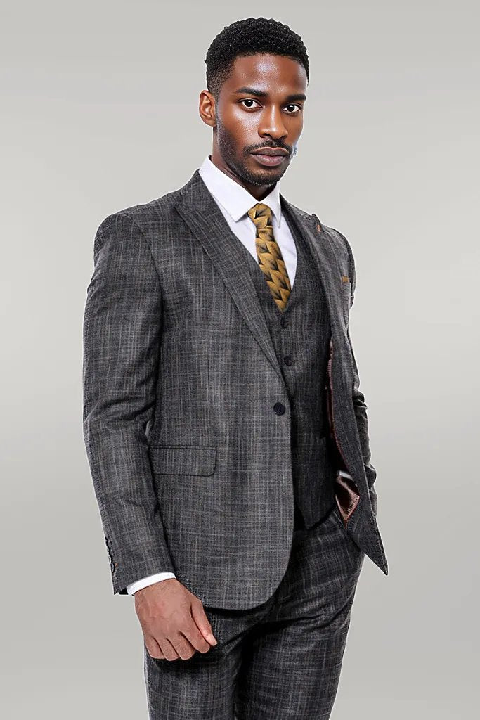 Patterned Vested Slim-Fit Black Men’s Suit -