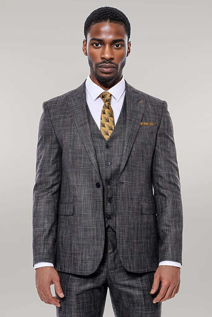 Patterned Vested Slim-Fit Black Men’s Suit -