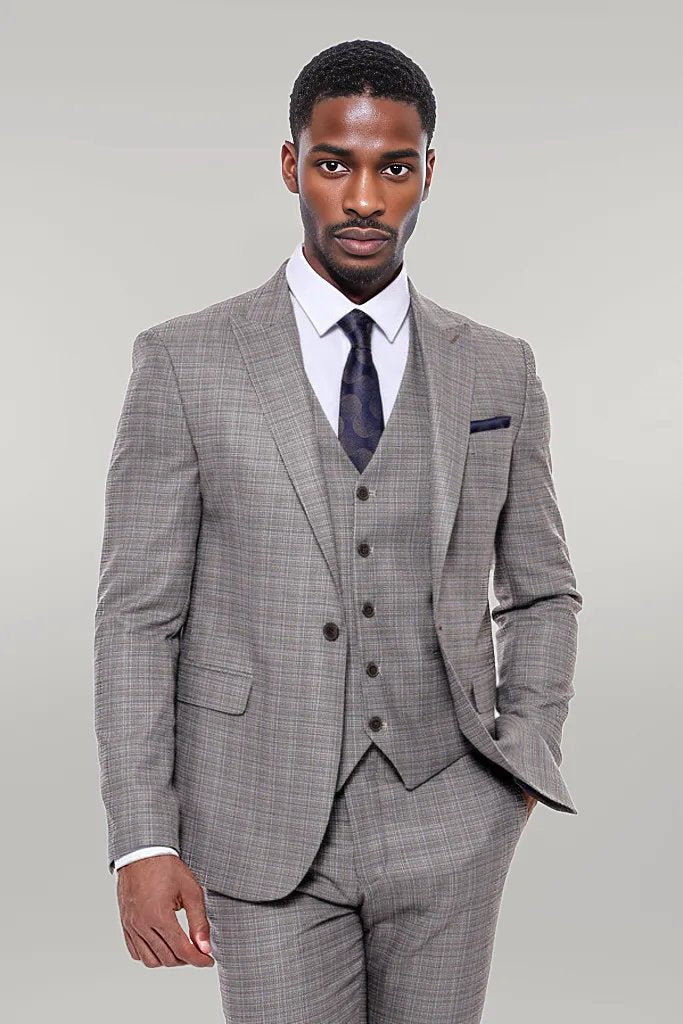 KOALA SYDNEY Patterned Vested Slim-Fit Brown Men Suit -