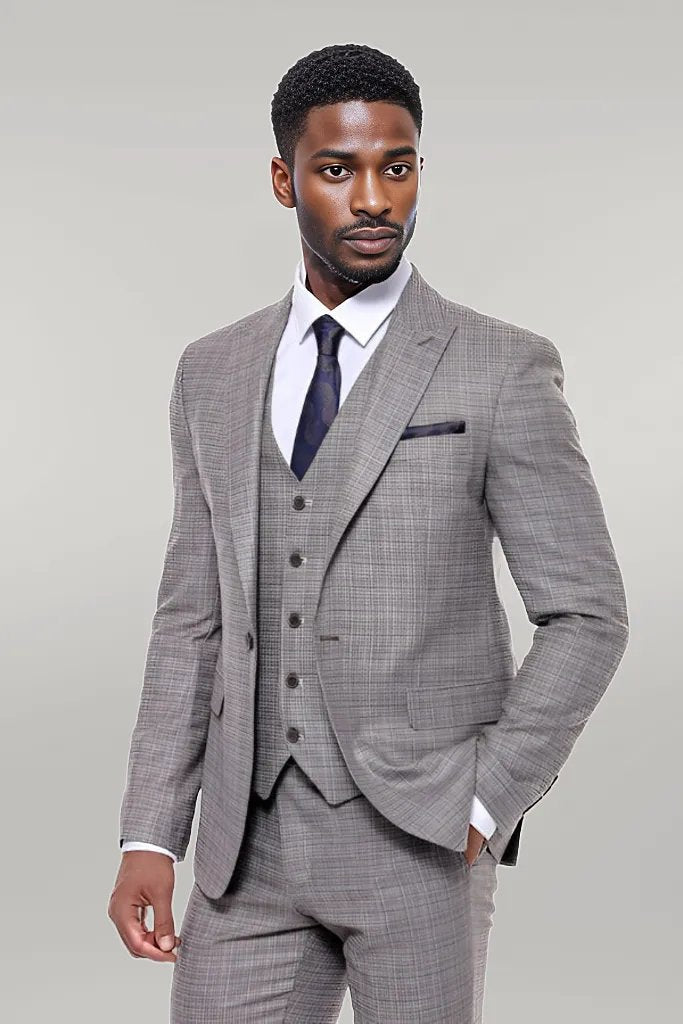 KOALA SYDNEY Patterned Vested Slim-Fit Brown Men Suit -
