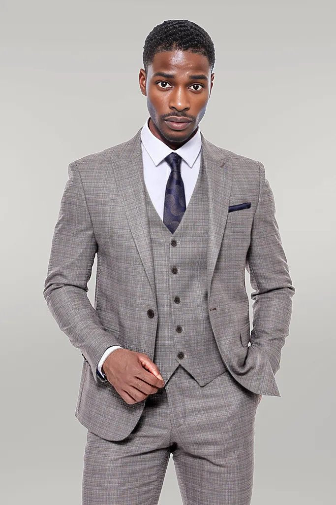 KOALA SYDNEY Patterned Vested Slim-Fit Brown Men Suit -