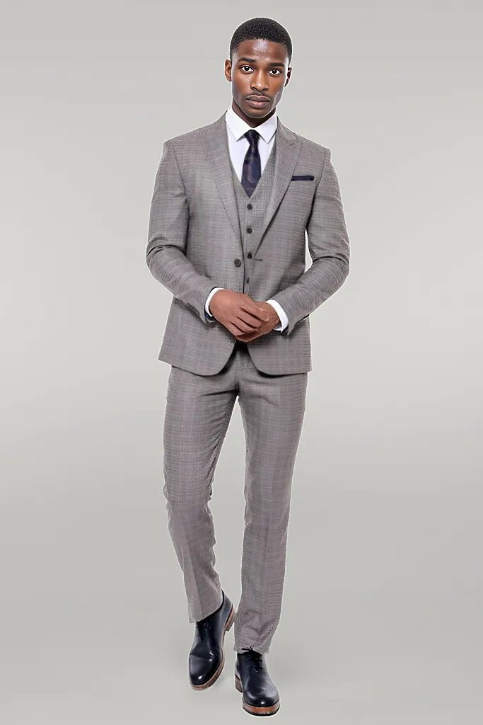 KOALA SYDNEY Patterned Vested Slim-Fit Brown Men Suit -