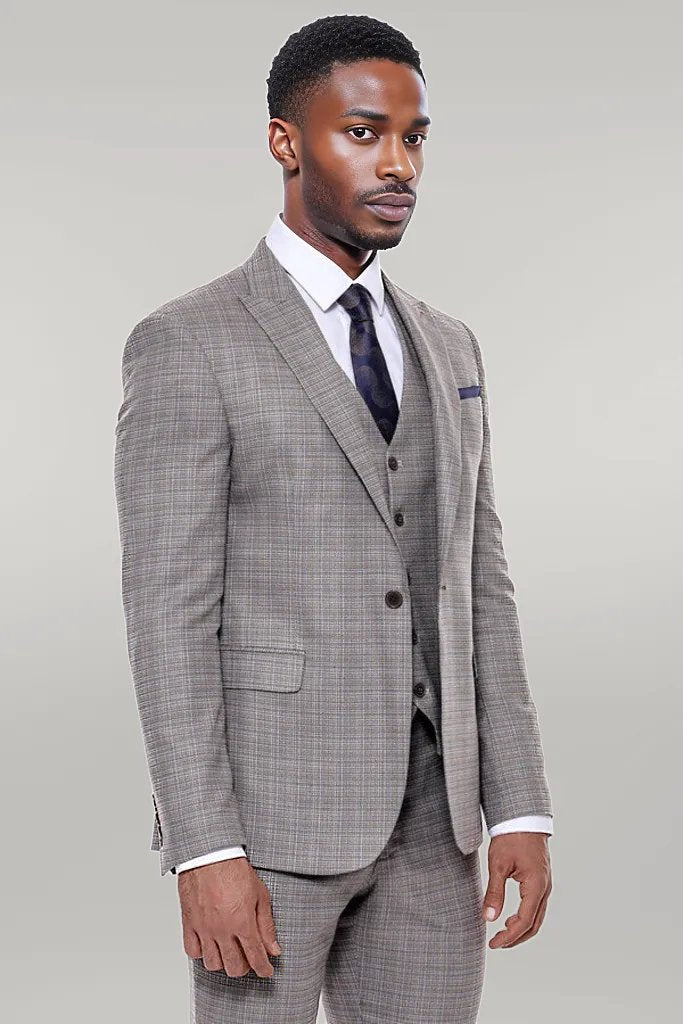KOALA SYDNEY Patterned Vested Slim-Fit Brown Men Suit -