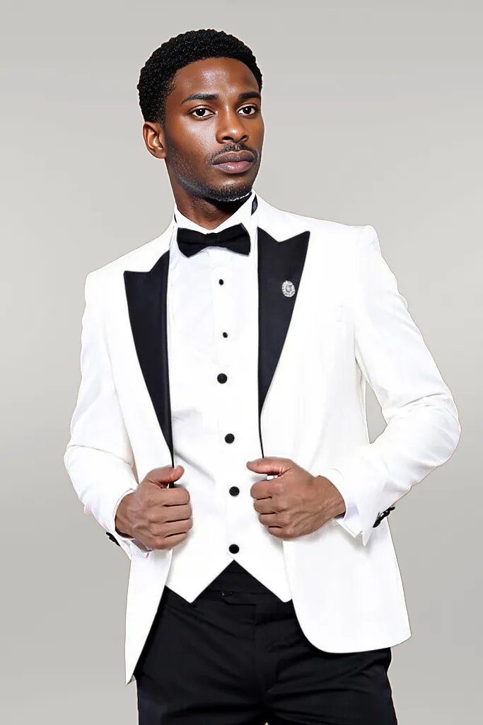 Peak Lapel 3 Piece White Tuxedo