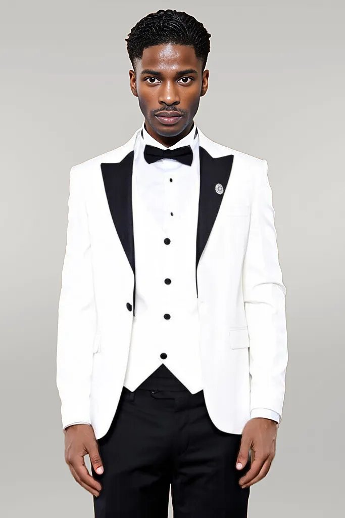 Peak Lapel 3 Piece White Tuxedo
