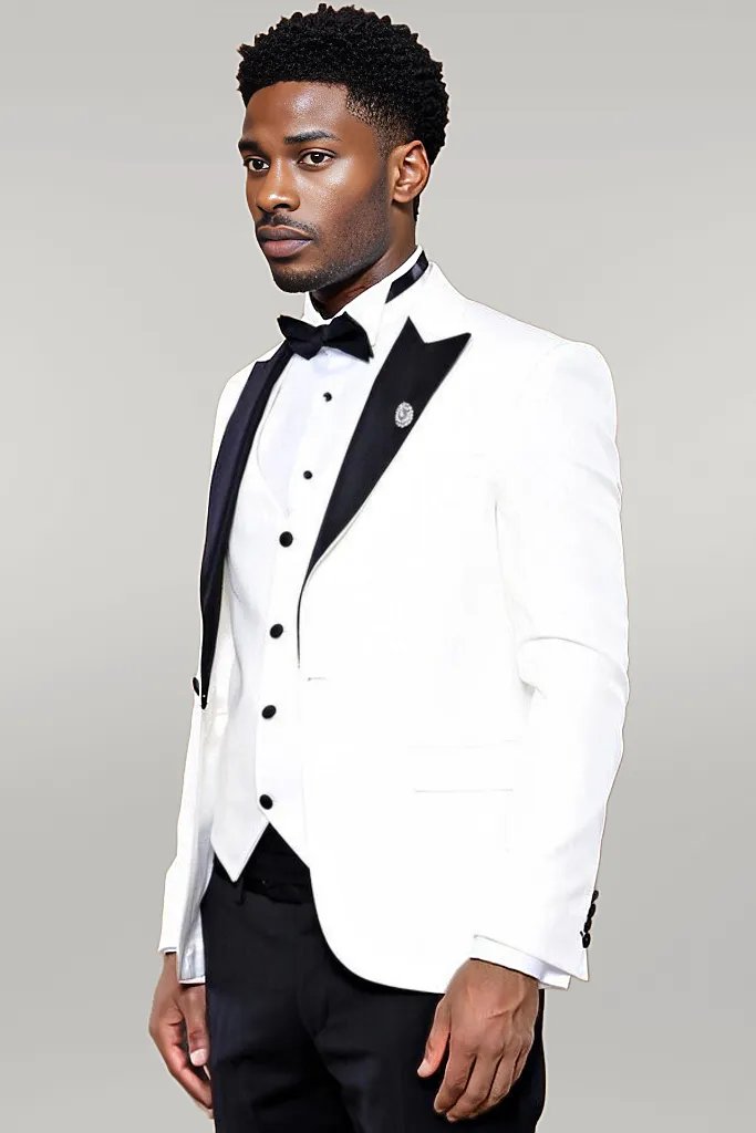 Peak Lapel 3 Piece White Tuxedo