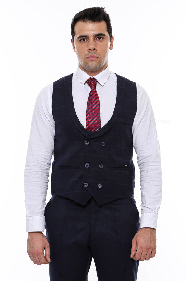 Plaid Collared Double Breasted Navy Blue Men Vest