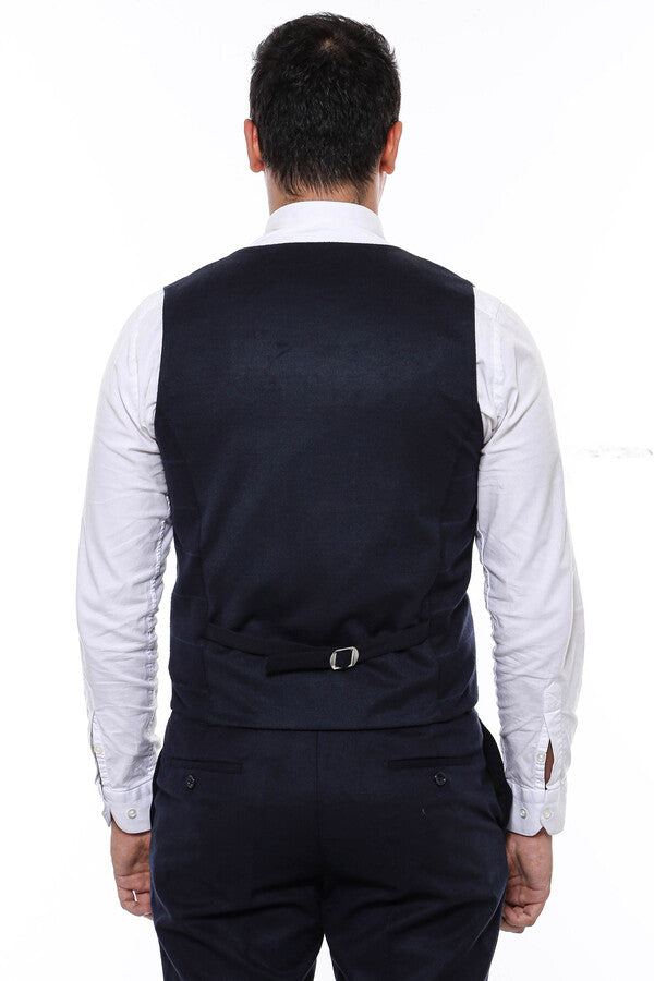 Plaid Collared Double Breasted Navy Blue Men Vest