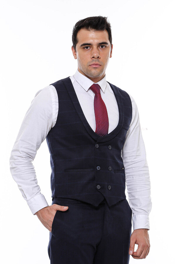 Plaid Collared Double Breasted Navy Blue Men Vest