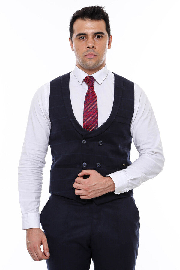 Plaid Collared Double Breasted Navy Blue Men Vest