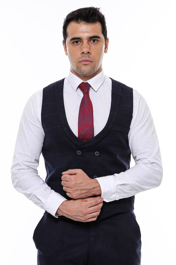 Plaid Collared Double Breasted Navy Blue Men Vest