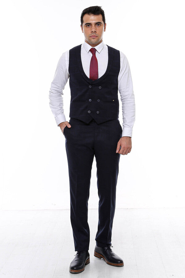 Plaid Collared Double Breasted Navy Blue Men Vest