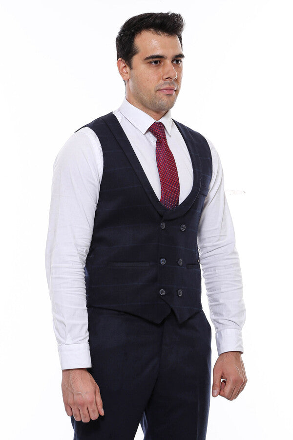 Plaid Collared Double Breasted Navy Blue Men Vest