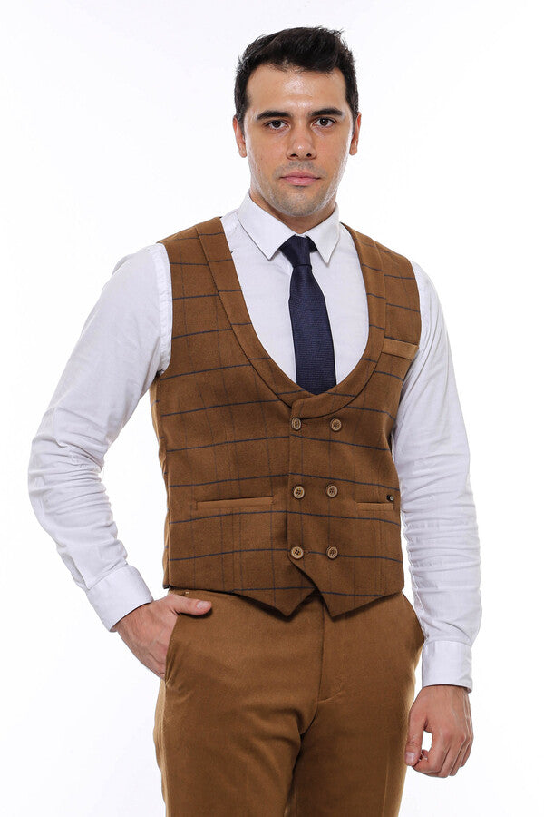 Plaid Double Breasted Tan Men Vest