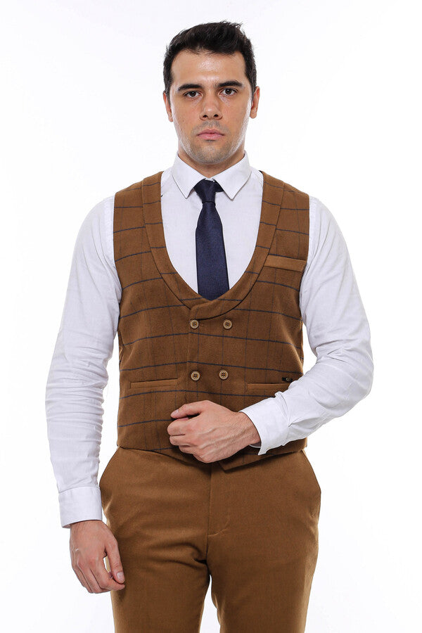 Plaid Double Breasted Tan Men Vest