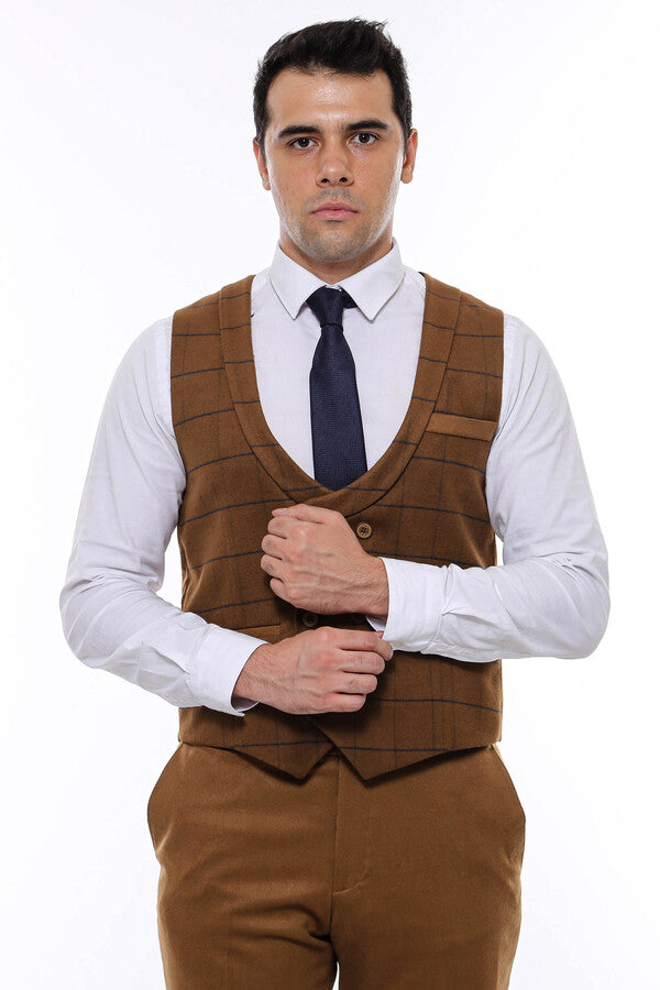 Plaid Double Breasted Tan Men Vest