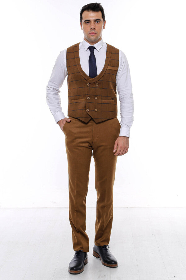 Plaid Double Breasted Tan Men Vest
