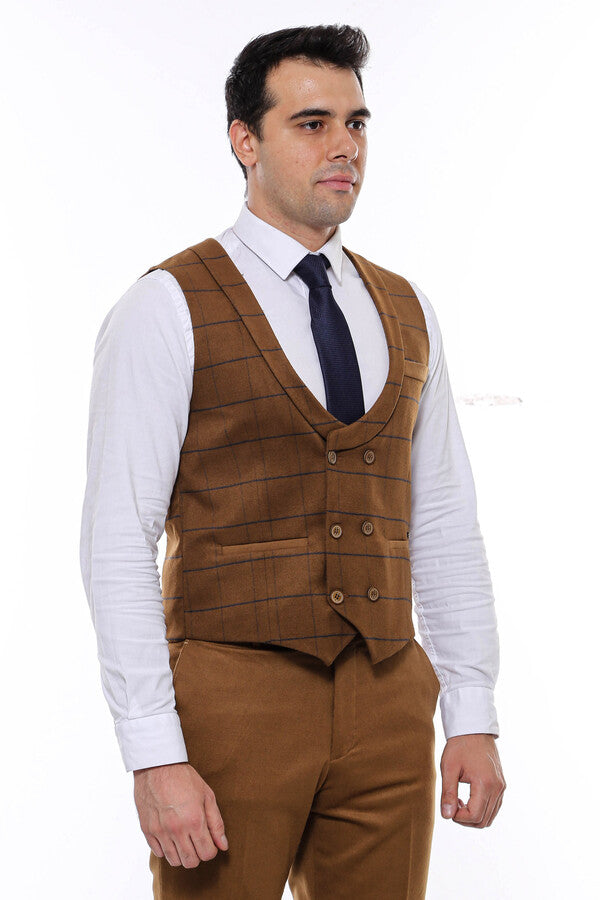 Plaid Double Breasted Tan Men Vest