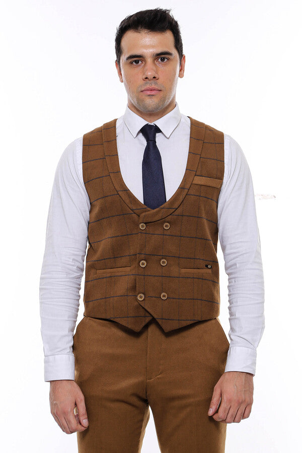 Plaid Double Breasted Tan Men Vest