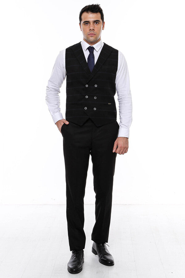 Plaid Double Breasted Collared Black Men Vest