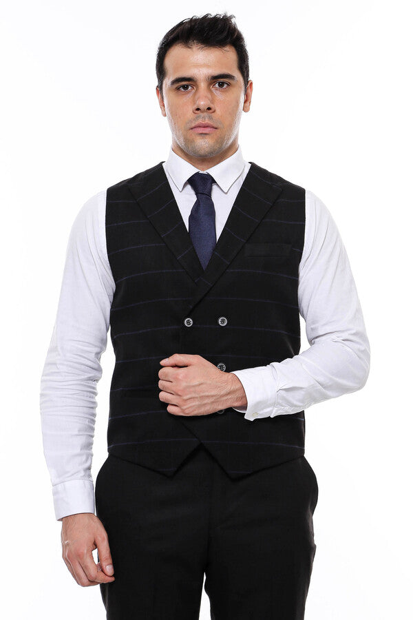 Plaid Double Breasted Collared Black Men Vest