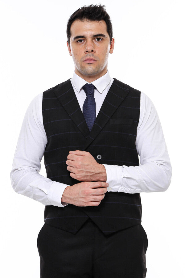 Plaid Double Breasted Collared Black Men Vest
