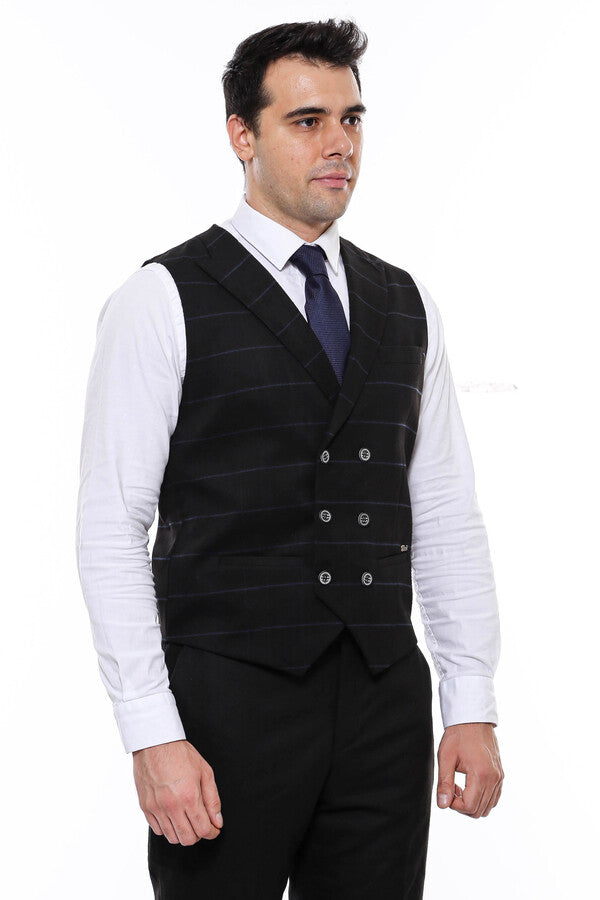 Plaid Double Breasted Collared Black Men Vest