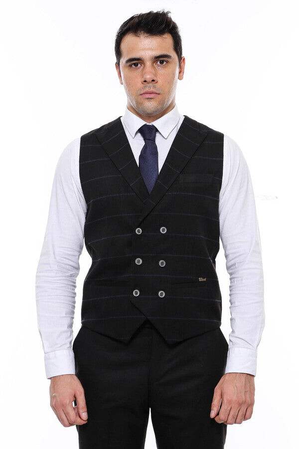 Plaid Double Breasted Collared Black Men Vest