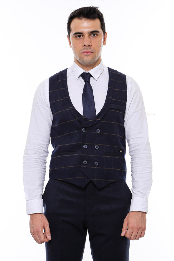 Plaid Double Breasted Collared Navy Blue Men Vest