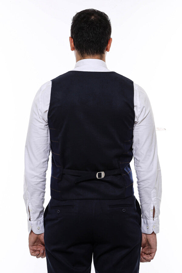 Plaid Double Breasted Collared Navy Blue Men Vest