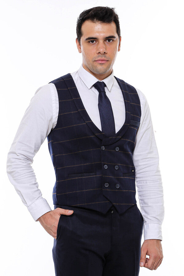 Plaid Double Breasted Collared Navy Blue Men Vest