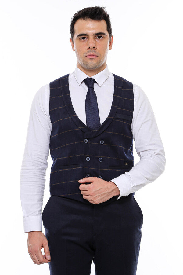 Plaid Double Breasted Collared Navy Blue Men Vest