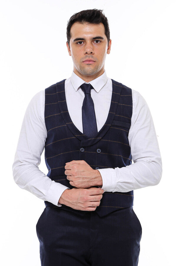 Plaid Double Breasted Collared Navy Blue Men Vest