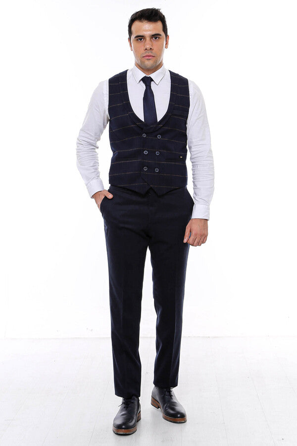 Plaid Double Breasted Collared Navy Blue Men Vest