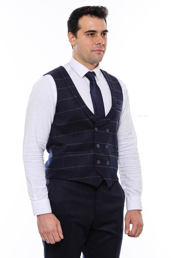 Plaid Double Breasted Collared Navy Blue Men Vest