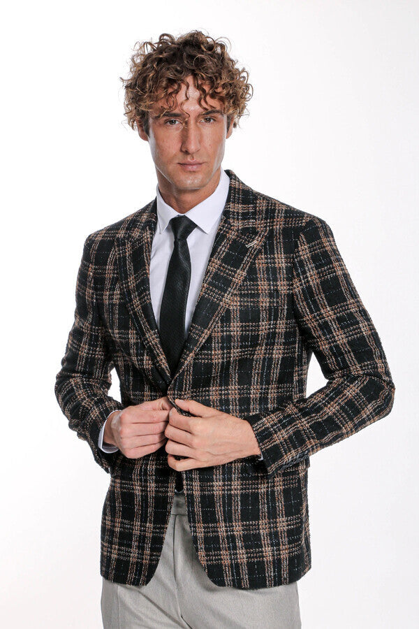 Black Plaid Jacket, Beige Vest, White Shirt, and Black Trousers Combo - Wessi Modern Classic Look