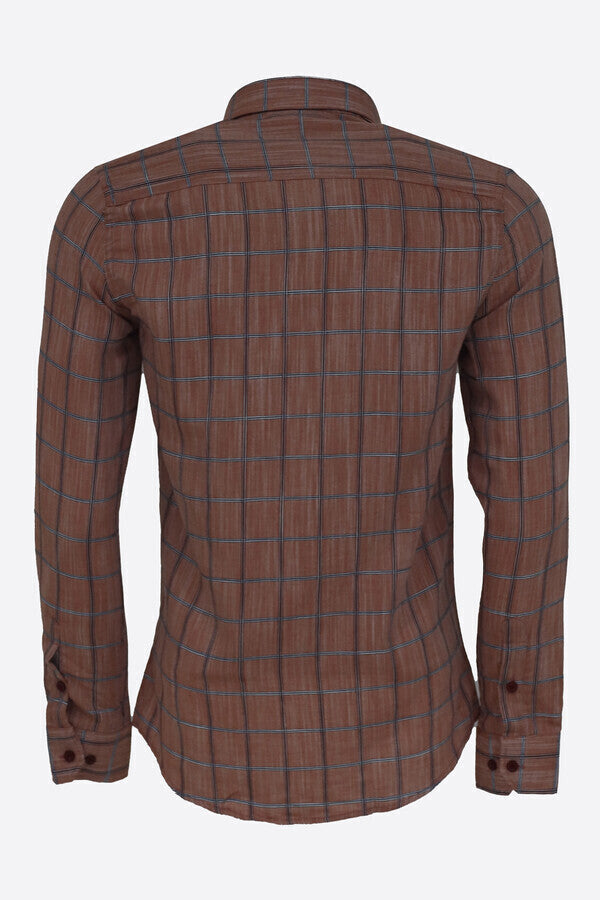 Plaid Slim Fit Brown Men Shirt