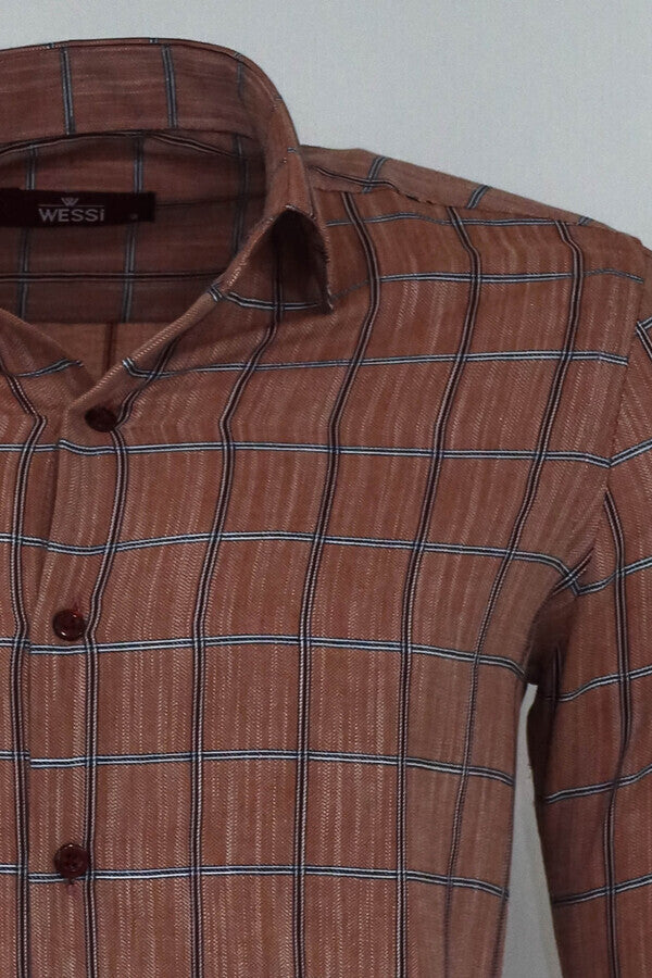 Plaid Slim Fit Brown Men Shirt
