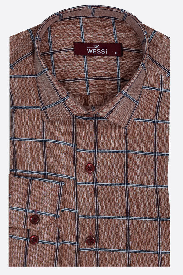 Plaid Slim Fit Brown Men Shirt