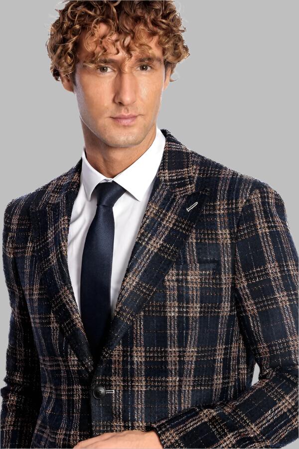 KOALA SYDNEY Plaid Slim Fit Navy Blue Men Blazer