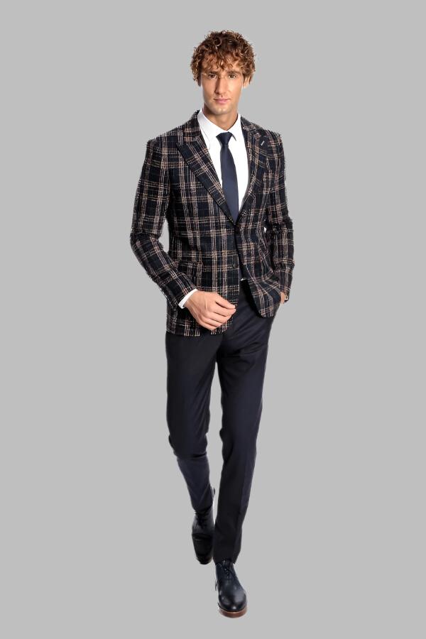 KOALA SYDNEY Plaid Slim Fit Navy Blue Men Blazer