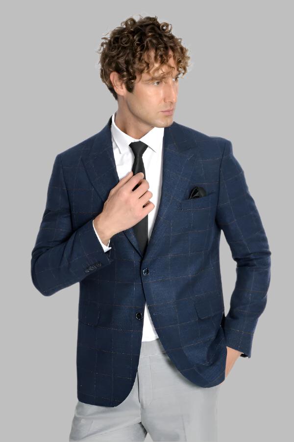 KOALA SYDNEY Plaid Wool Navy Blue Men Blazer