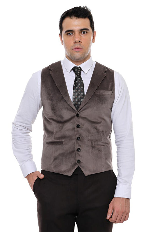 Plain Collared Brown Men Vest