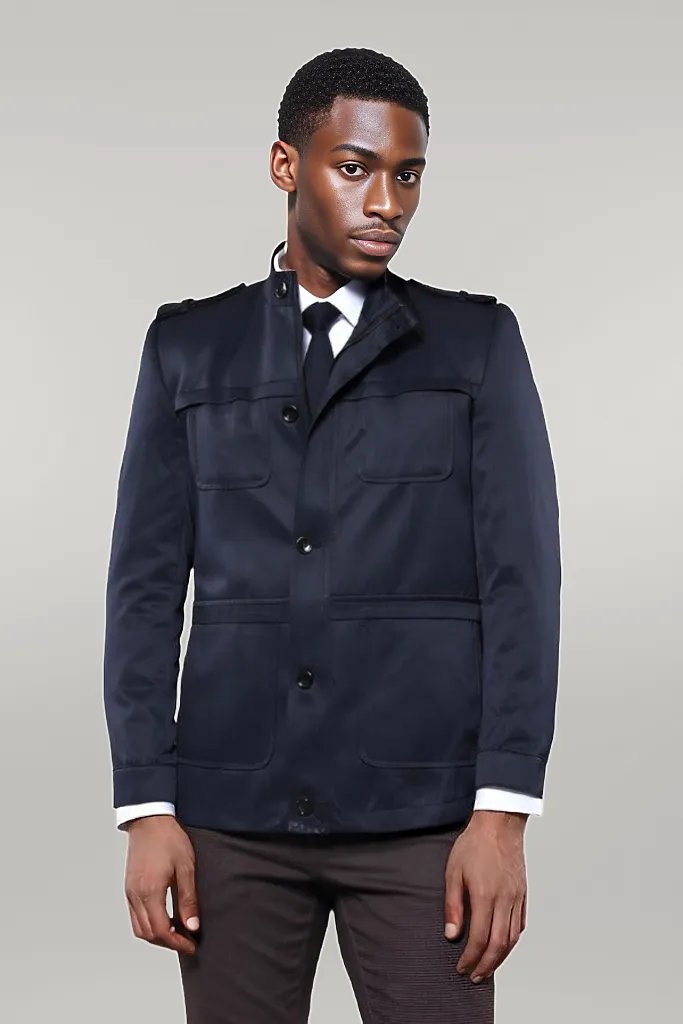 Plain Navy Blue Men Short Coat