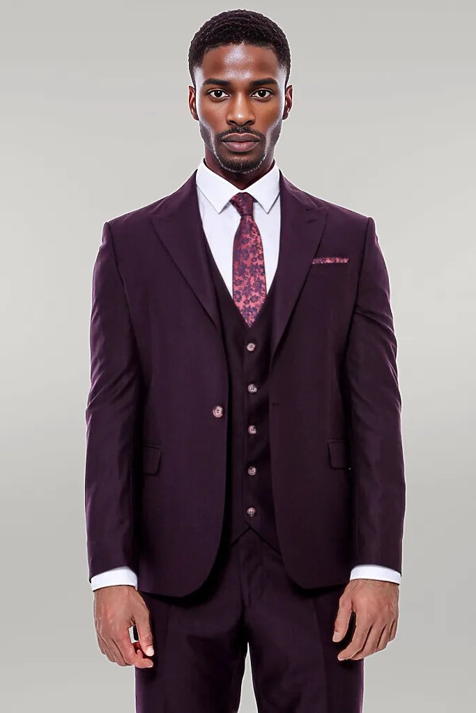 Plain Wide Lapel Burgundy Men Suit -