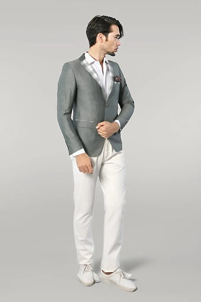 Pocket and Collar Plaid Mens Linnen Blazer